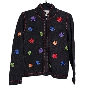 Vintage Sweater Cardigan S Multicolor Hand Embroidered Zip Artsy